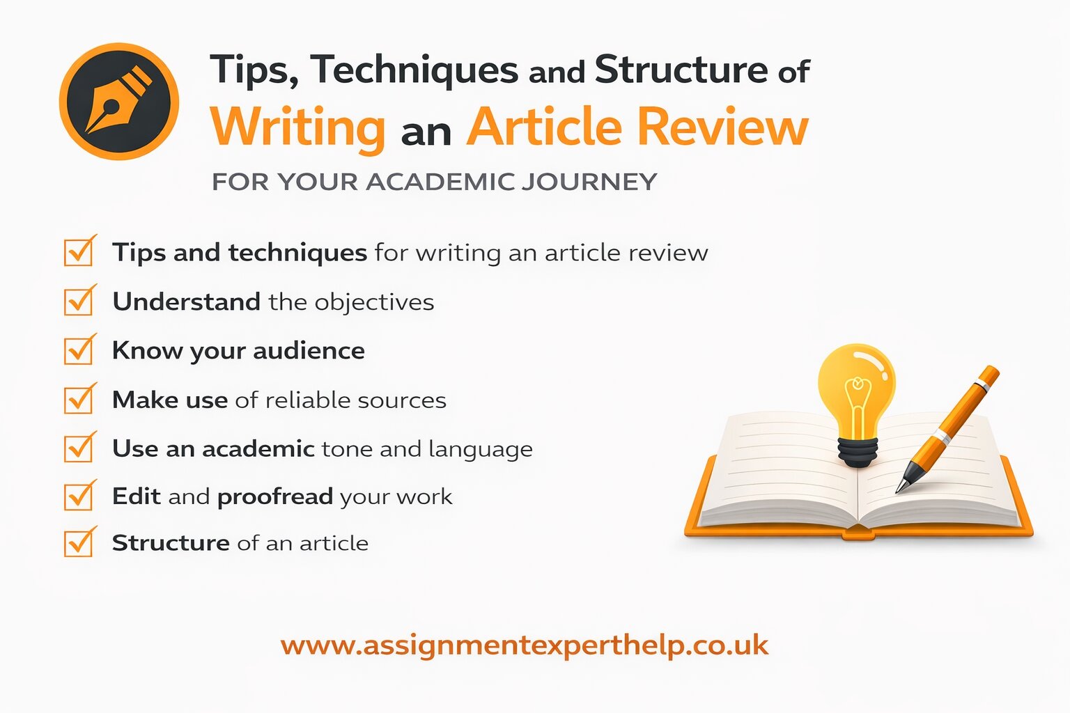 Infographic explaining tips, techniques, and structure for writing an article review for academic purposes.